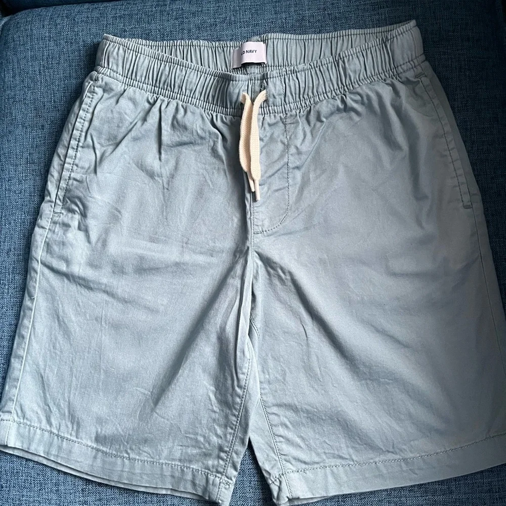 Lot of Old Navy shorts, Light blue, light green, light tan, navy with sharks 8